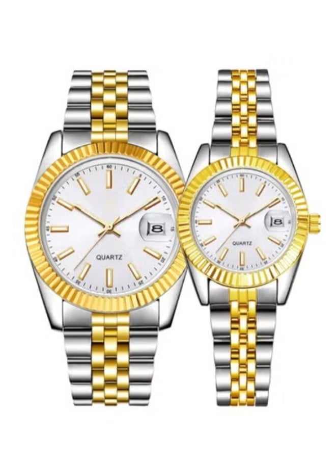 High-quality, waterproof Rolex-style men's watch set with a silver and gold bracelet and white dial.